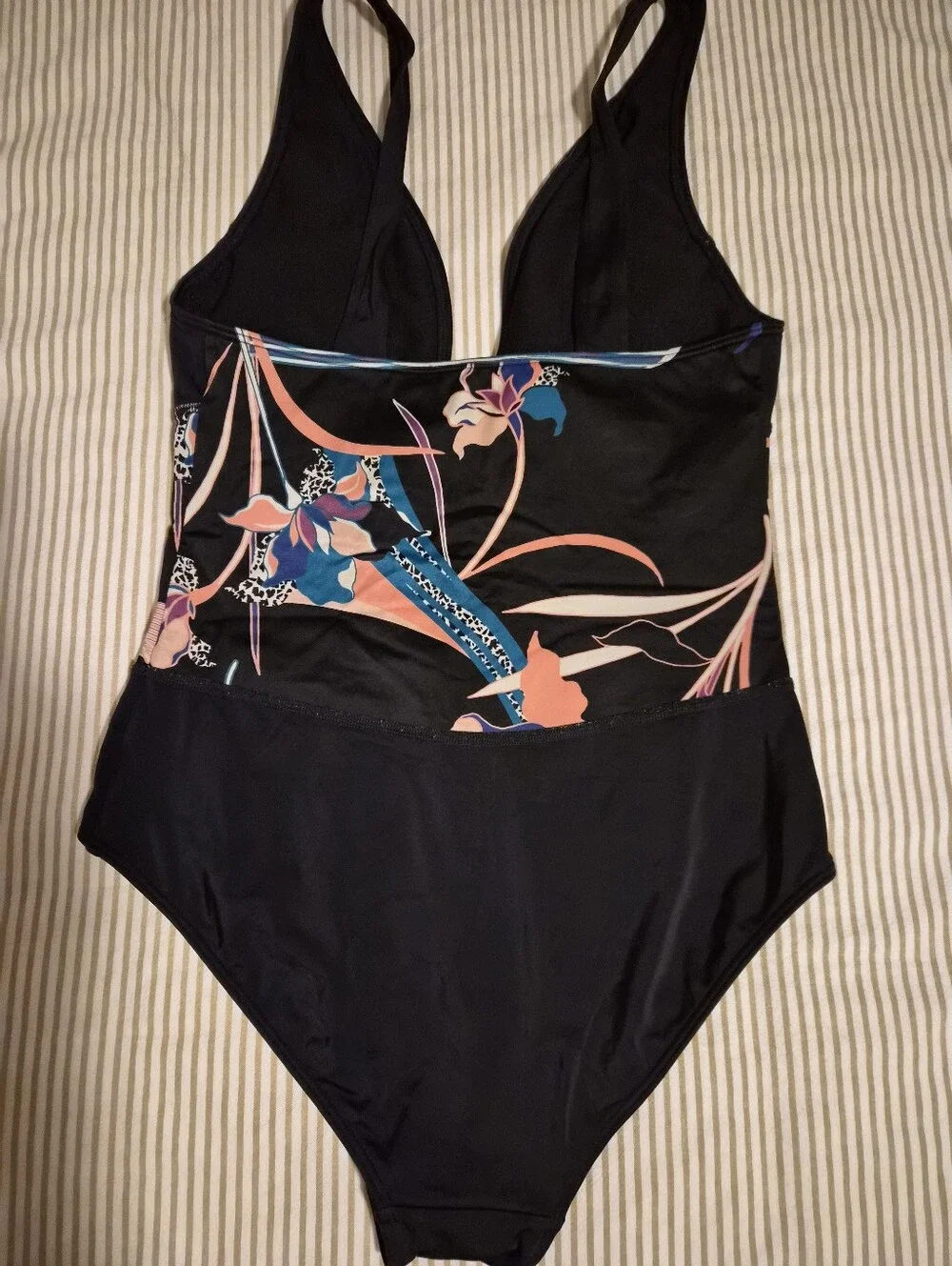 Black Floral Zipper One-Piece Swimsuit